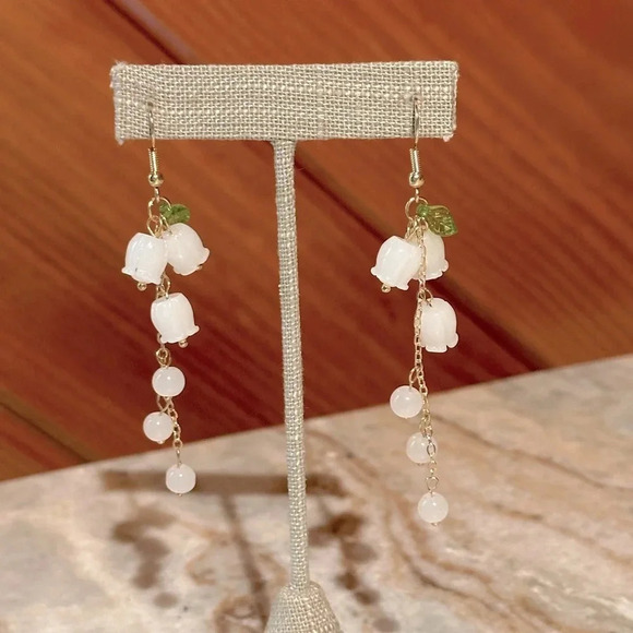 Extra Long Lily of the Valley Feminine Earrings White Acrylic French Wire Hooks - Picture 1 of 4